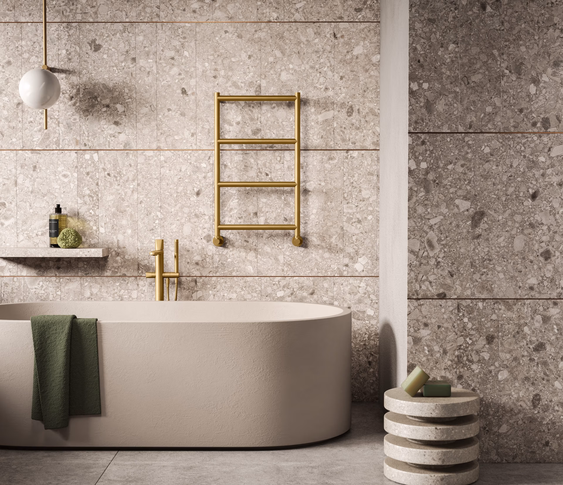 Contemporary bathroom design with natural stone textures, warm wood finishes and soft neutral tones