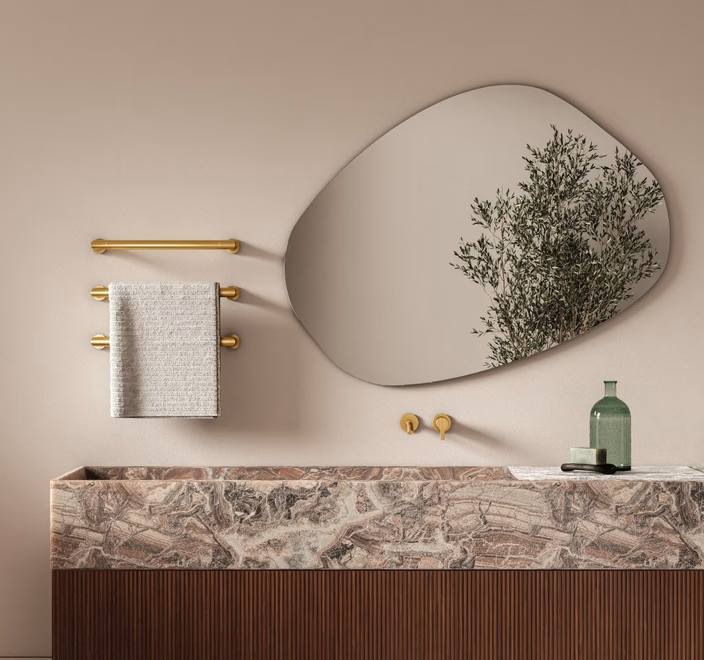 Modern bathroom featuring a floating wooden vanity unit, round mirror and soft ambient lighting.