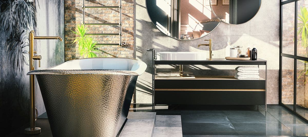 Modern bathroom with freestanding silver bathtub, brass fixtures, black vanity, round mirror, and large windows. Brick and leaf-patterned walls enhance elegance.