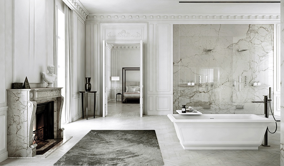 Luxurious marble bathroom with bathtub, elegant fireplace, and decorative statue. A doorway leads to a bedroom with a four-poster bed.