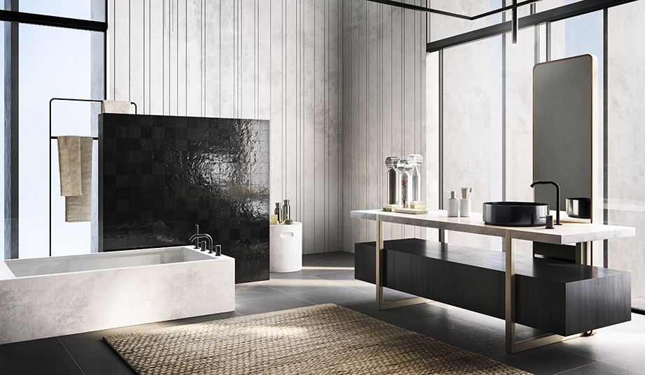 Modern bathroom with large windows, sleek black and white fixtures, and a textured rug. Minimalist design with natural light and elegant decor.