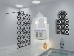 Modern bathroom with ornate Moroccan-inspired decor, featuring geometric patterns, intricate mirrors, a lantern, and a small pool, creating a serene atmosphere.