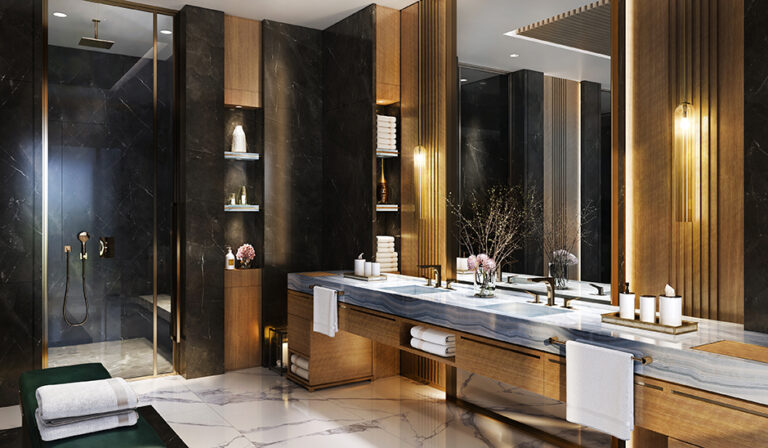 Luxurious bathroom with marble floor, double vanity, large mirrors, and black stone walls. Elegant lighting and decor create a sophisticated, modern ambiance.