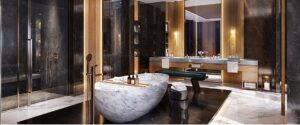 Luxurious bathroom with a marble bathtub, elegant black and wooden decor, large mirrors, and soft lighting, creating a sophisticated, serene atmosphere.