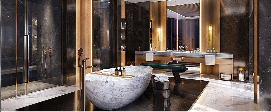 Luxurious bathroom with a marble bathtub, elegant black and wooden decor, large mirrors, and soft lighting, creating a sophisticated, serene atmosphere.
