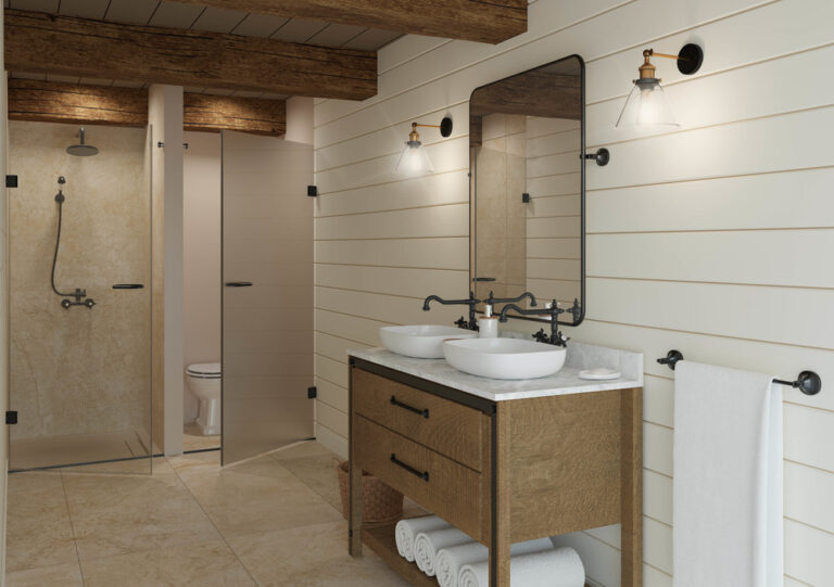 Modern bathroom with double sinks, rustic wood beams, tiled floors, shower, and wall-mounted lights. Minimalist design with white and wood accents.