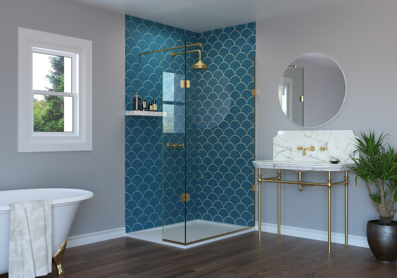 Elegant bathroom with scalloped blue tiles, glass shower, marble sink, gold fixtures, white bathtub, wood floor, potted plant, and circular mirror.