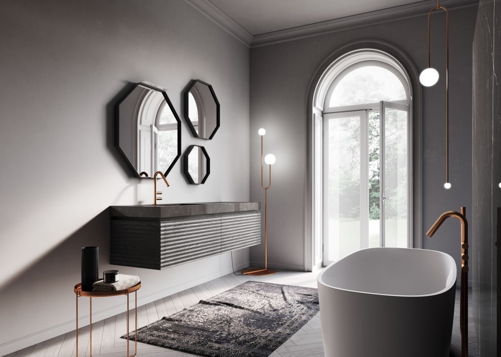 A modern bathroom features geometric mirrors, standalone bathtub, and floor-to-ceiling window with garden view, emphasizing minimalistic design and natural light.