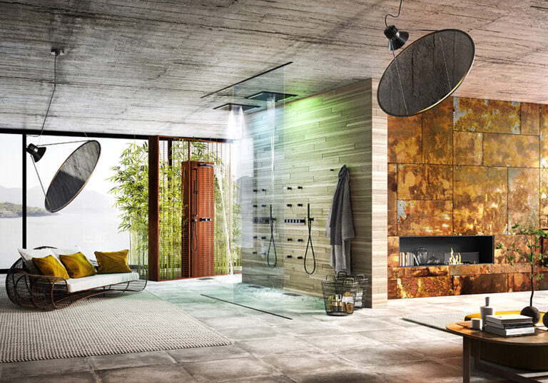 A modern bathroom with glass shower, wooden accents, and fireplace. Large windows reveal bamboo plants and a serene outdoor view.