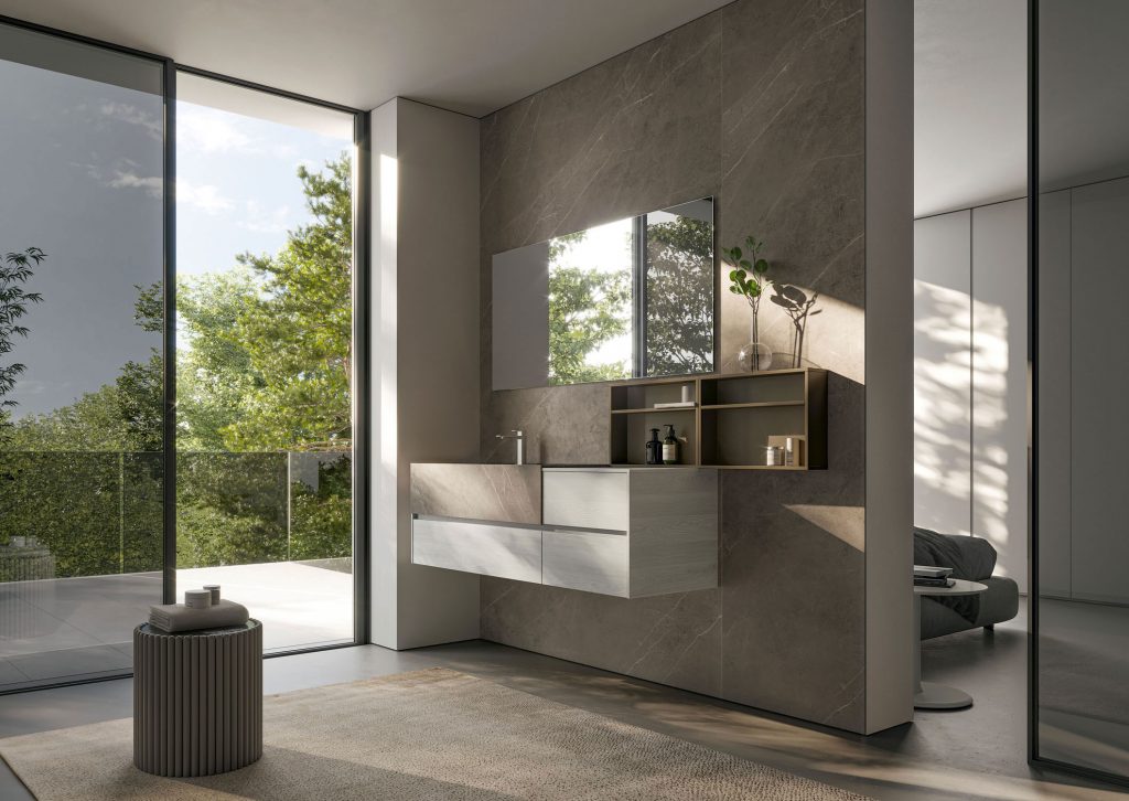 Modern, minimalist bathroom with sleek vanity, large mirror, and natural light from glass doors overlooking a lush garden. Neutral tones accentuate elegance.