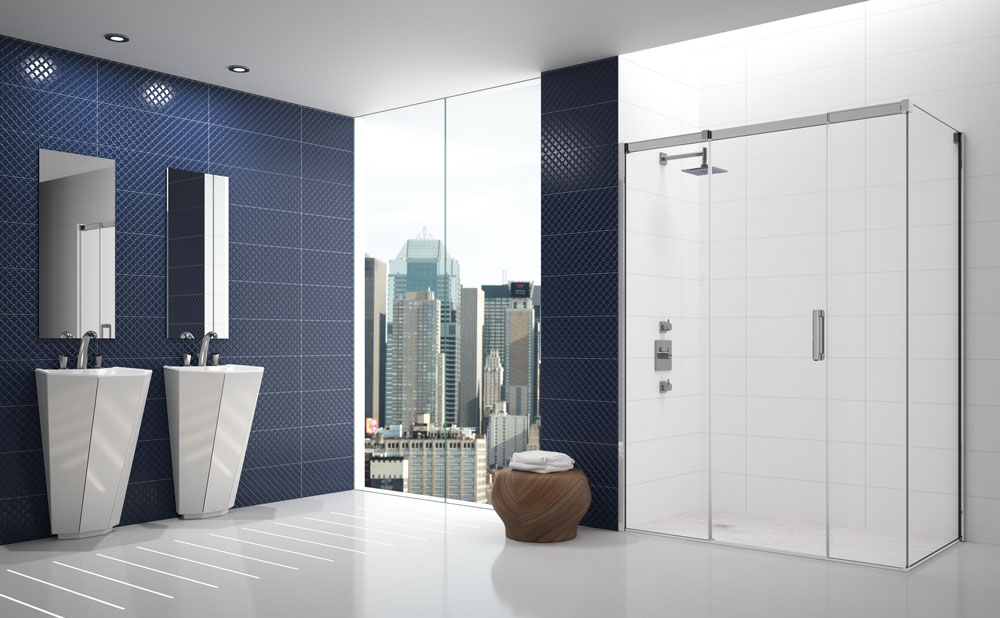 Modern bathroom with dual sinks, glass shower, and city skyline view through large window, featuring blue textured walls and sleek, minimalist fixtures.