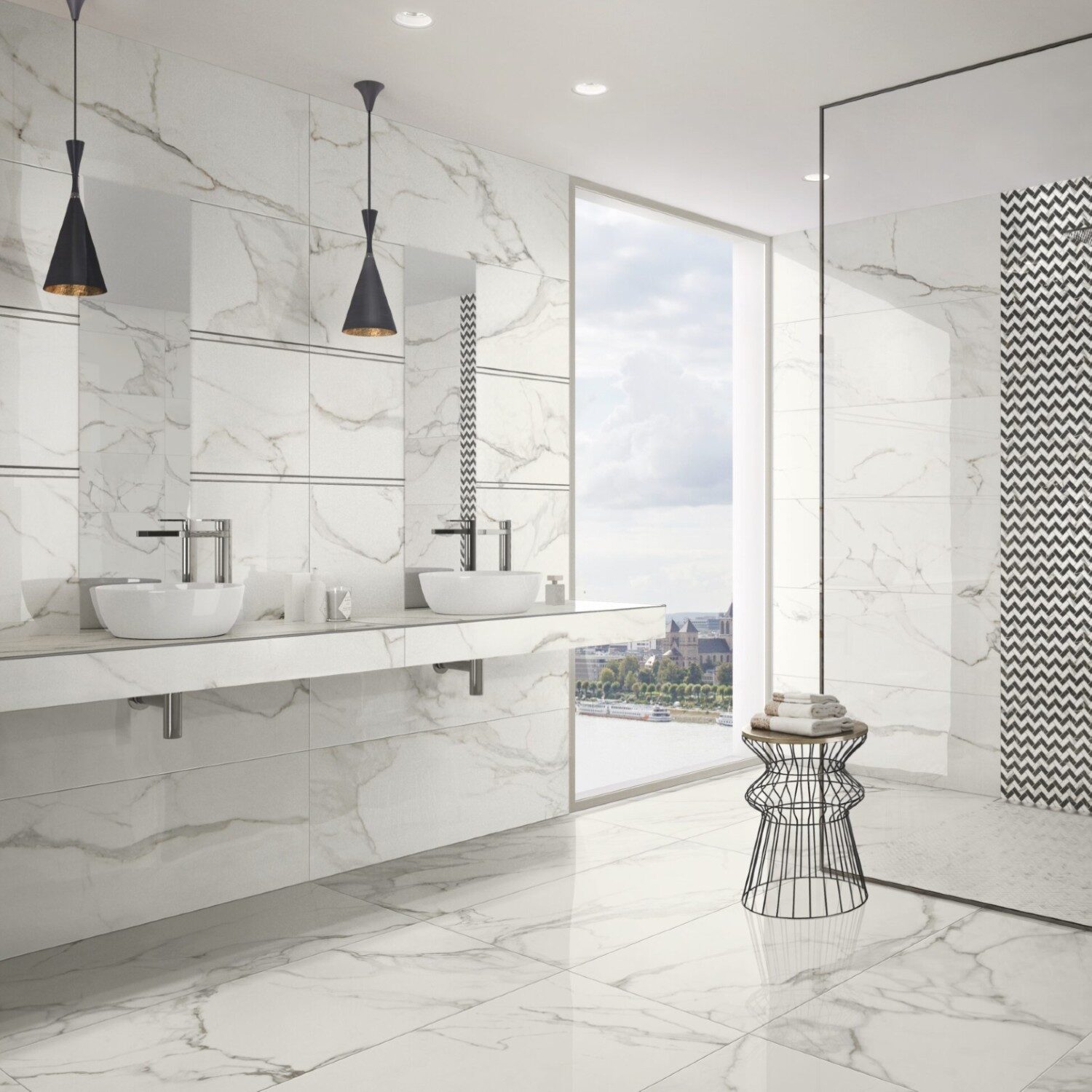 2 Villeroy & Boch Artis Washbowls on white surface in a marble bathroom