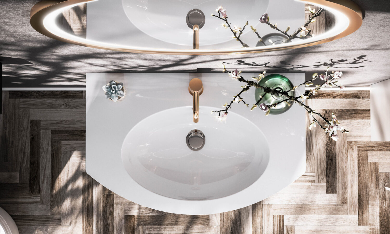 Aerial view of a modern bathroom sink with a round mirror, wooden herringbone floor, decorative plant, and elegant lighting above.