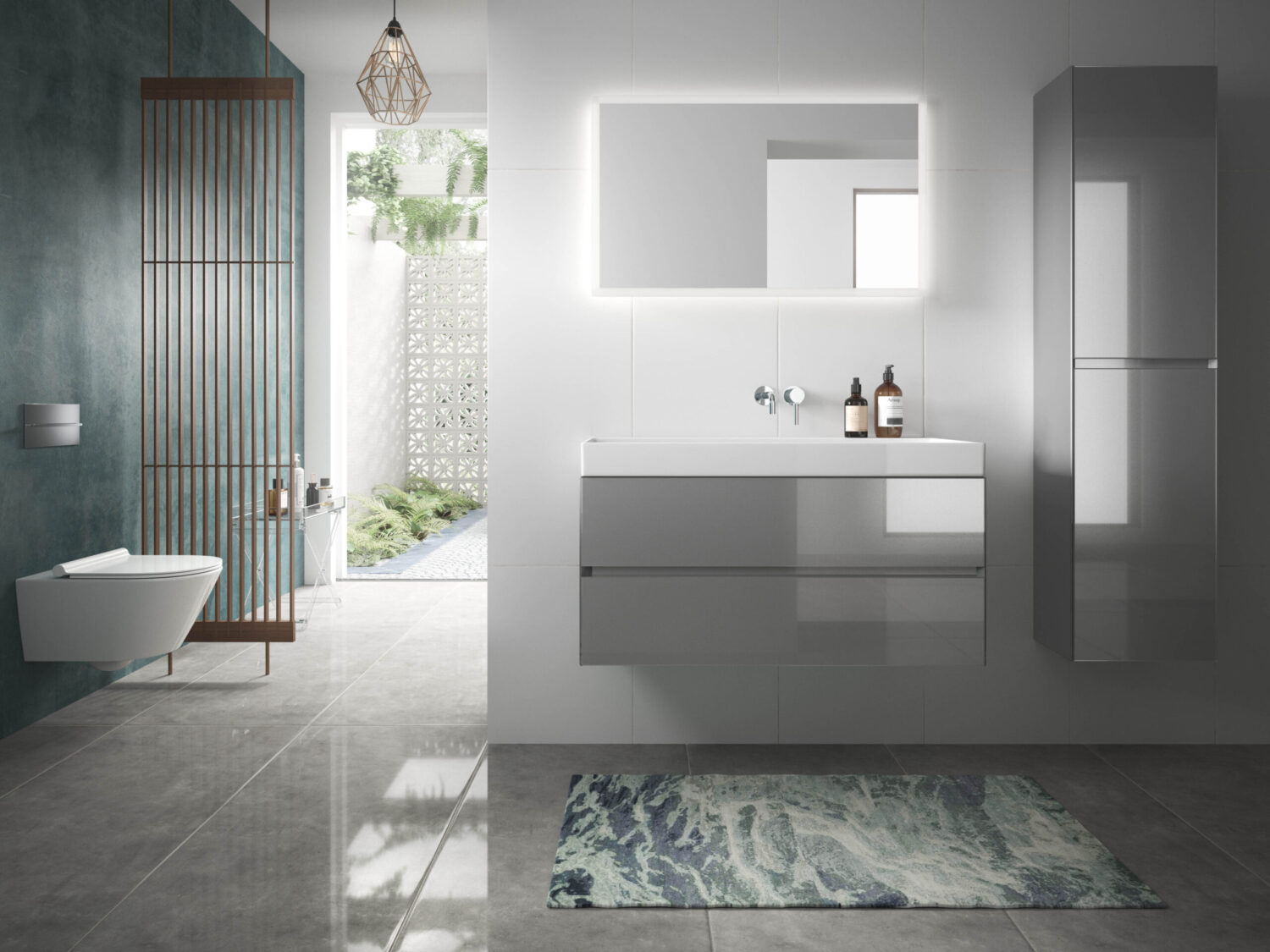 Modern bathroom with sleek fixtures, floating vanity, and large mirror. Natural light from window enhances minimalist design. Gray tile flooring with blue patterned rug.