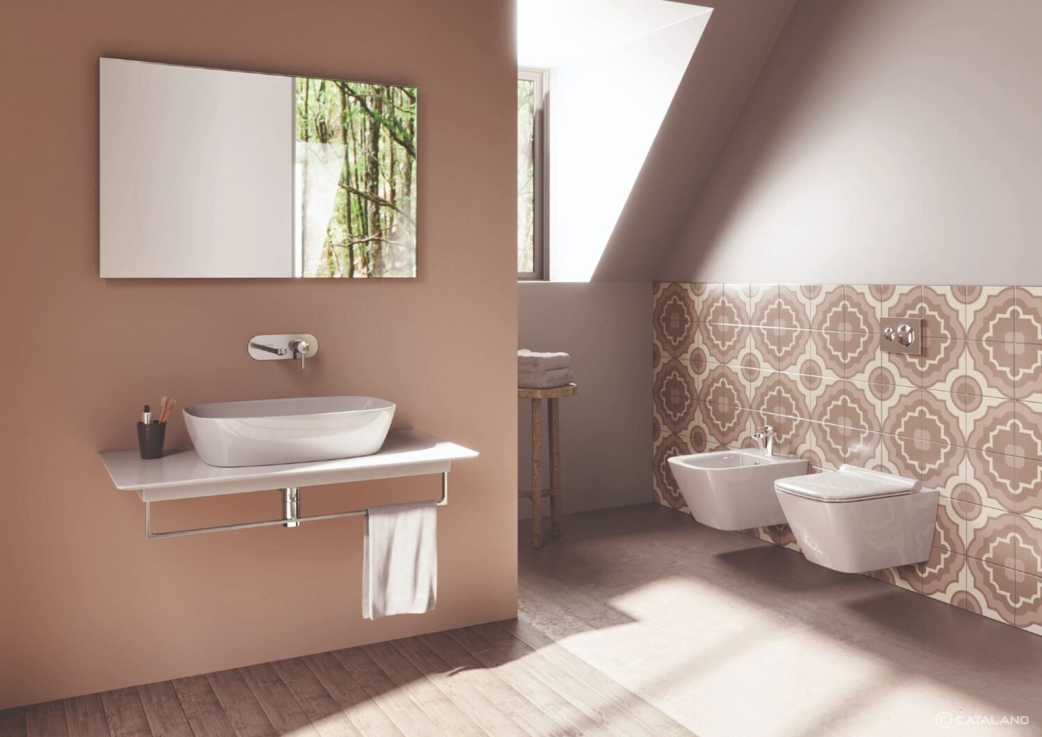 Modern bathroom with a wall-mounted sink, mirror, patterned tiles, toilet, bidet, and natural light streaming through a window. Minimalist design aesthetic.