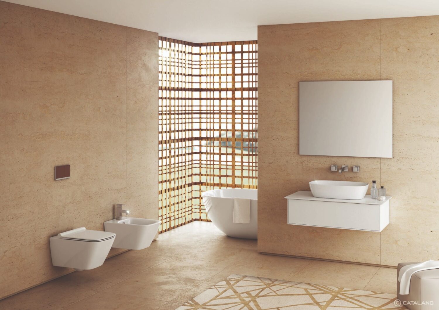 Modern bathroom with beige walls, freestanding bathtub, and contemporary fixtures. Wooden screen adds privacy. Minimalist design emphasizes elegance and simplicity.