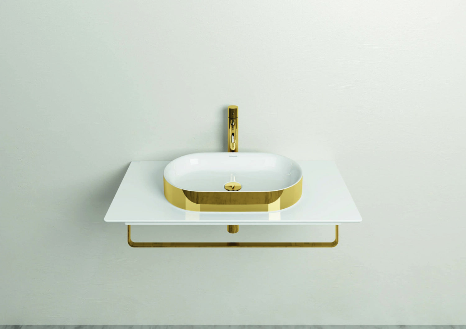 A modern white and gold sink with an oval basin and sleek faucet, mounted on a minimalist white background.