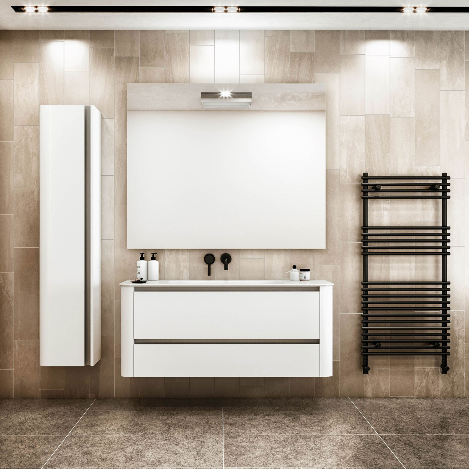 Modern bathroom with beige tiles, large mirror, white cabinet, black fixtures, and a sleek towel radiator. minimalistic design, soft lighting, spacious feel.