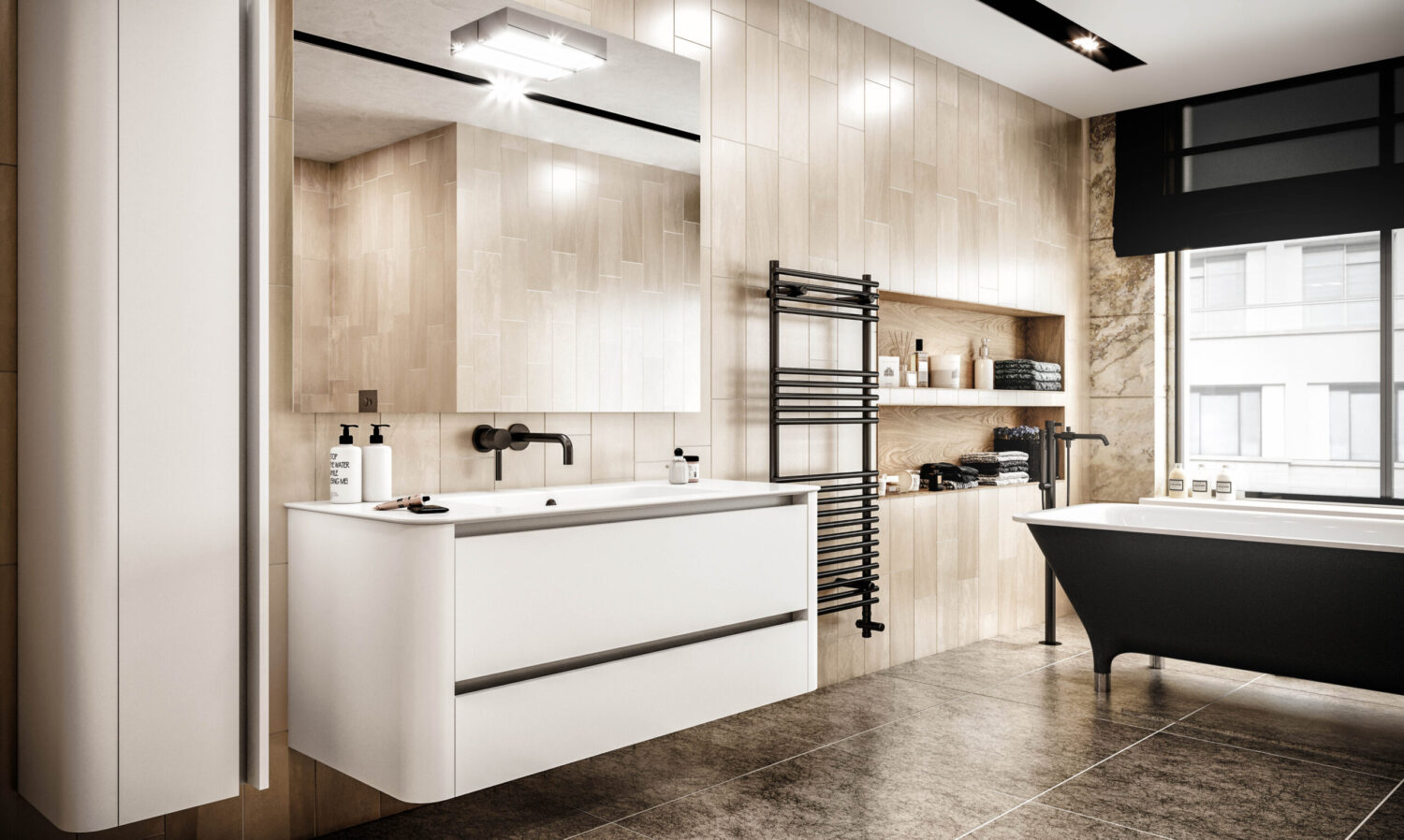 Modern bathroom with sleek white fixtures, freestanding black bathtub, large mirror, wall-mounted shelves, and beige tiled walls. Abundant natural light from window.