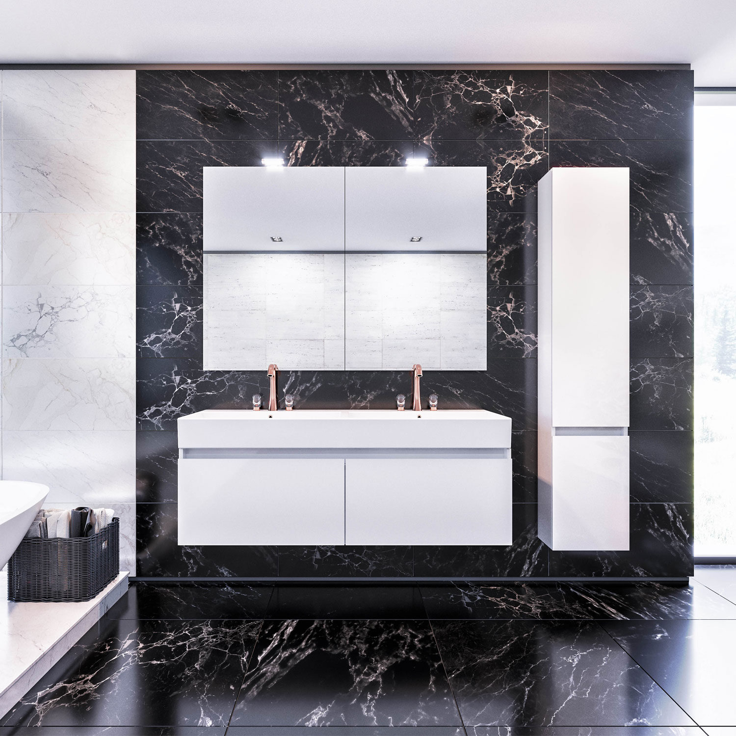 Modern bathroom with black marble walls, sleek white cabinets, double sinks, and a large mirror. Natural light filters through a window.