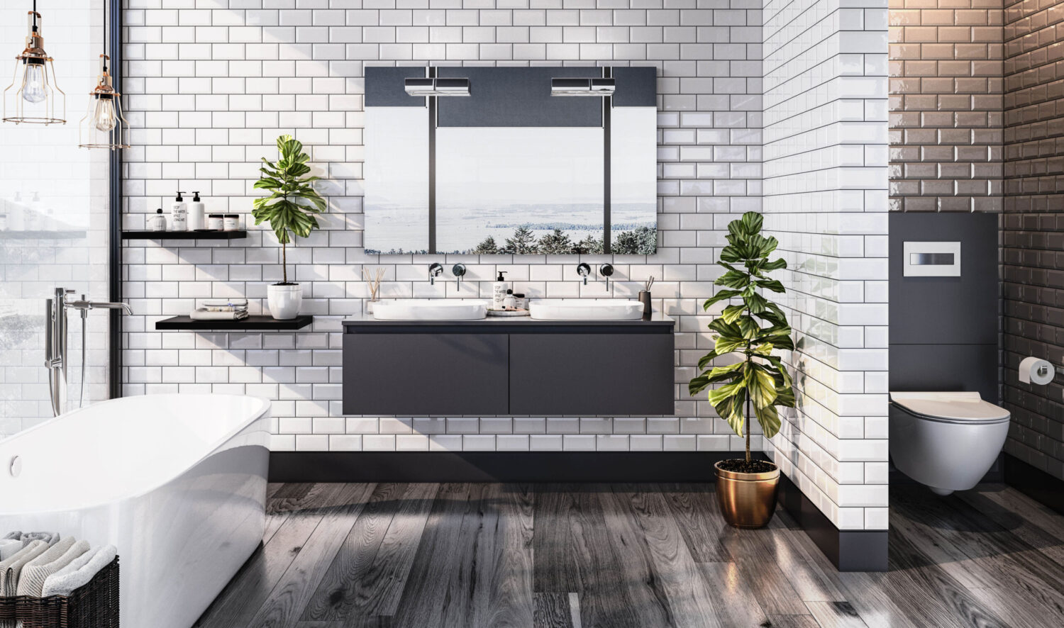 Modern bathroom with white subway tiles, freestanding bathtub, twin sinks, large mirror, potted plants, and wooden floor. Bright and minimalist design.