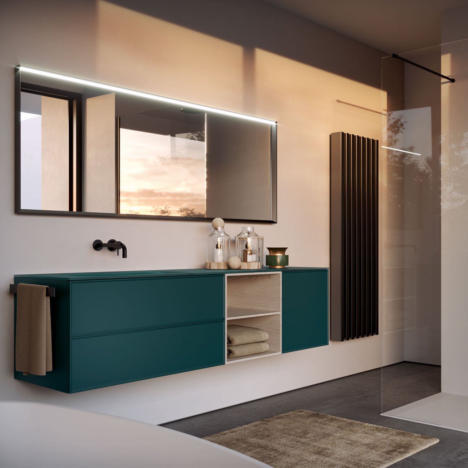 Modern bathroom features a teal floating vanity, illuminated mirror, and glass shower. Neutral tones create a serene ambiance with soft natural light.