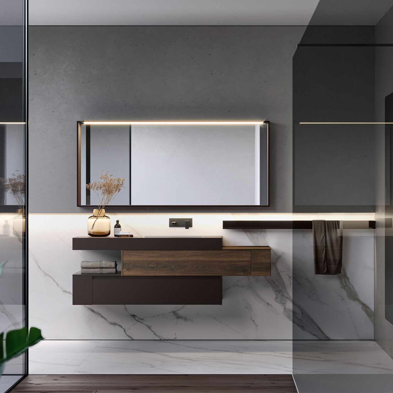 Modern bathroom with a floating vanity, large mirror, and decorative vase. Features minimalistic design with gray and marble accents, dim ambient lighting.