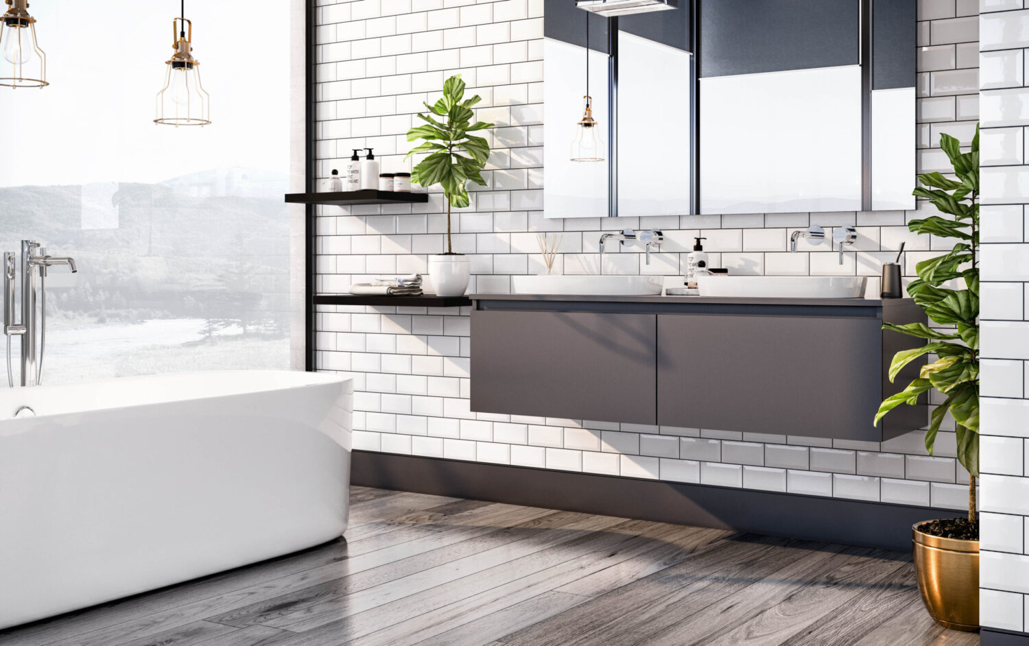 A modern bathroom features a freestanding bathtub, black vanity, and mirror, with white subway tiles, wooden floor, hanging lights, and lush plants.