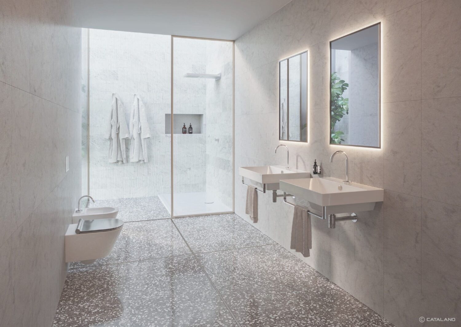 Modern bathroom with terrazzo floor, dual sinks, and backlit mirrors. Glass shower holds robes and toiletries, surrounded by minimalist gray tiles.