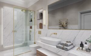 A 3D visual of a modern bathroom featuring elegant marble walls and luxurious gold trim accents.