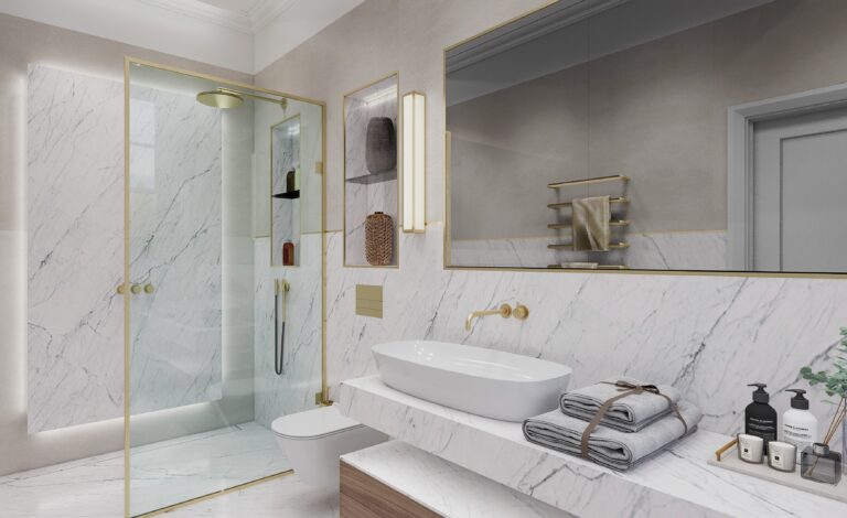 A 3D visual of a modern bathroom featuring elegant marble walls and luxurious gold trim accents.