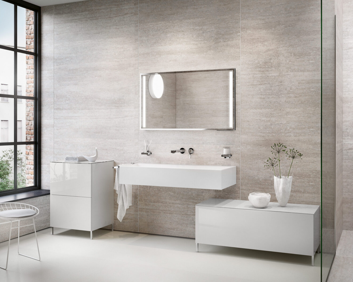 Modern bathroom with a large mirror, minimalist sink, and sleek storage units. Neutral tones, natural light from a window, with decorative plants.