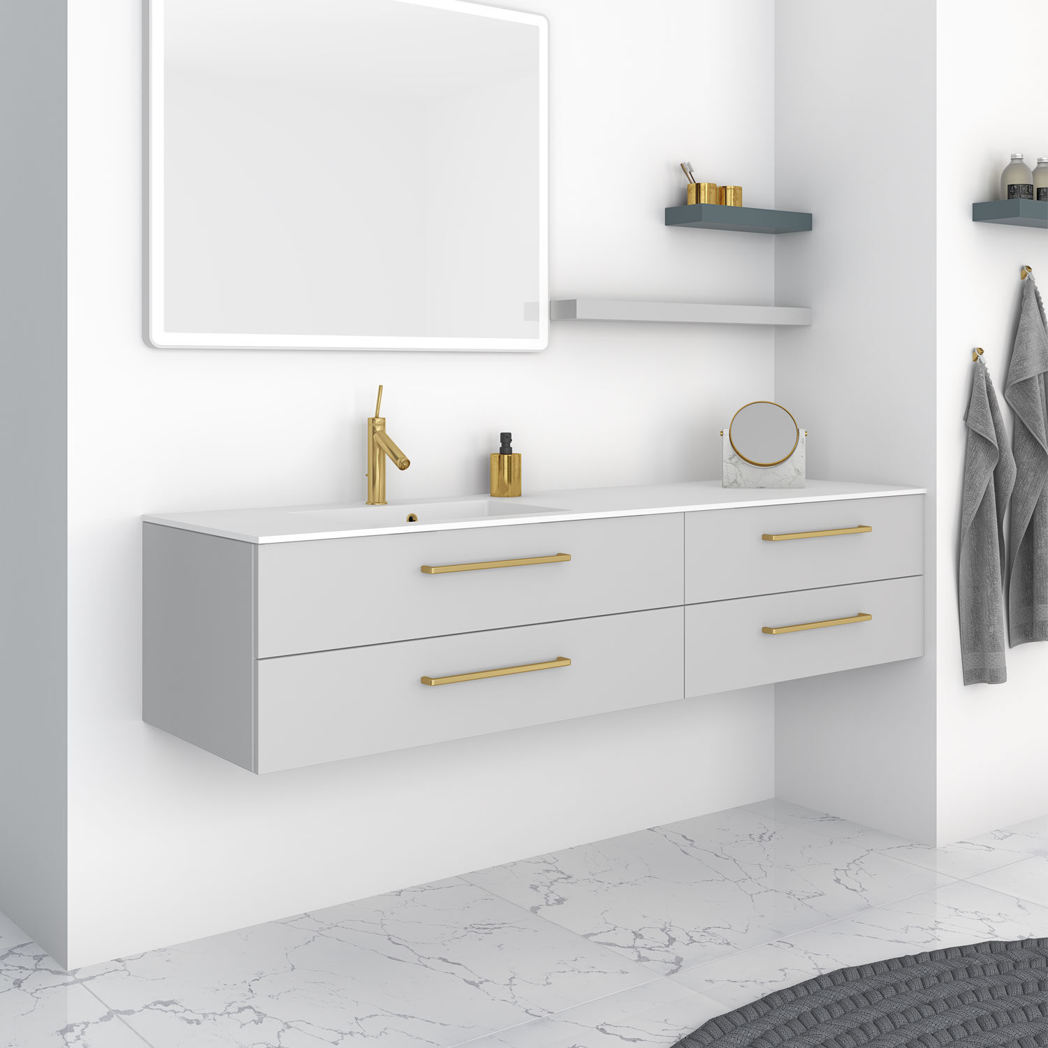 Modern bathroom featuring a wall-mounted white vanity with gold accents, circular mirror, marble floor tiles, and gray towels on rack.