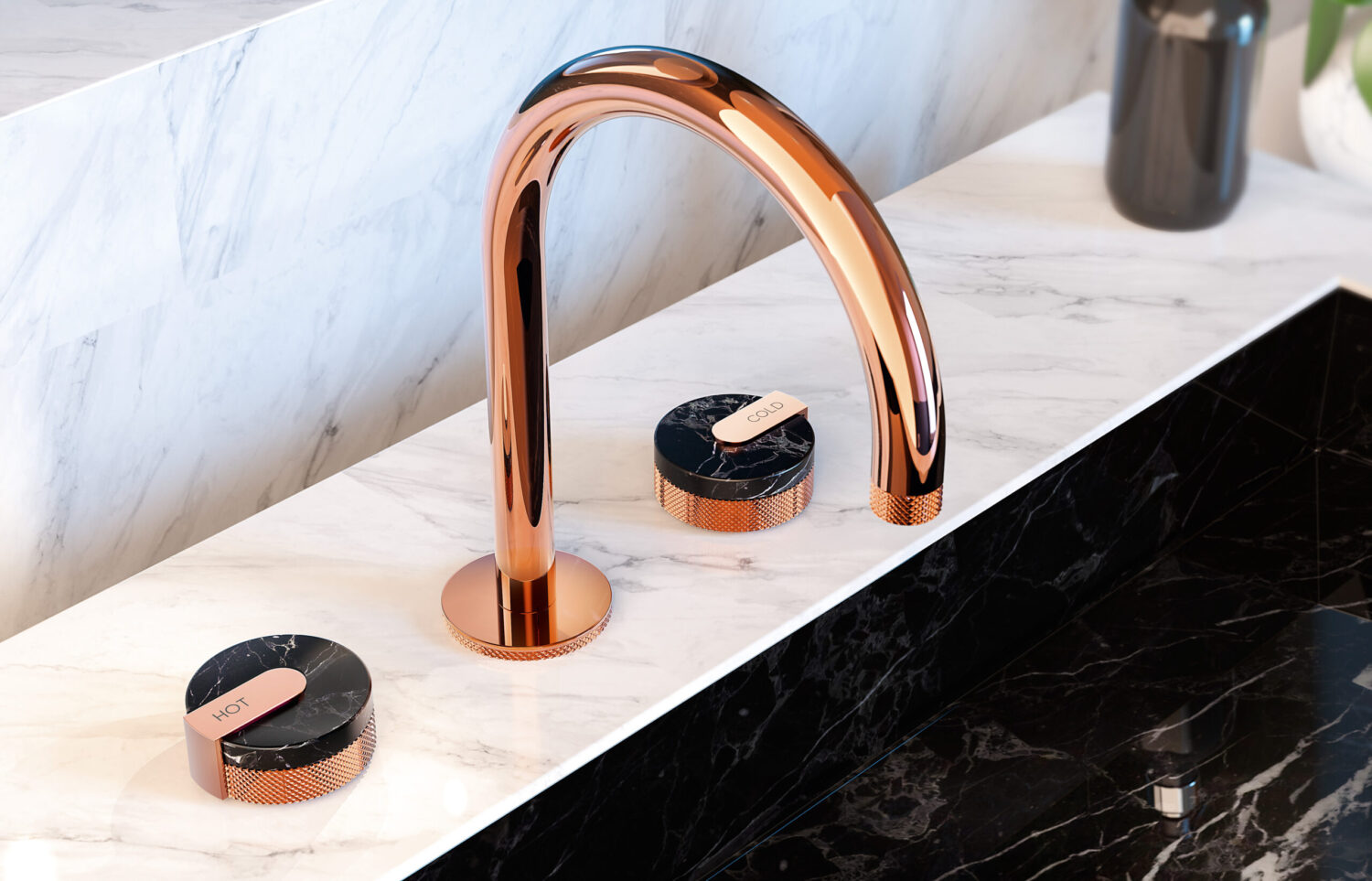 Sleek modern faucet on a marble countertop with hot and cold controls, surrounded by elegant decor in a stylish bathroom setting.