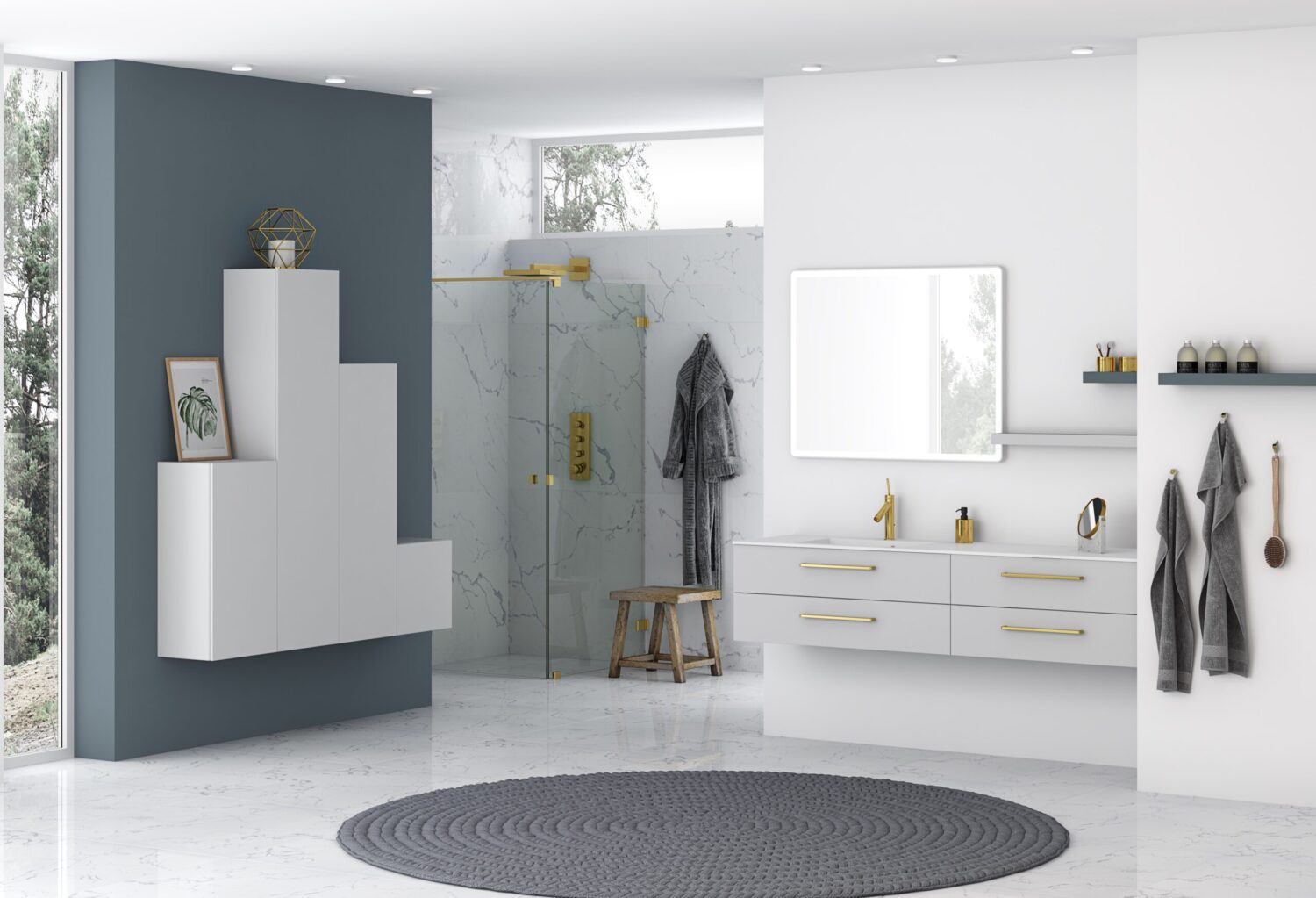 Modern bathroom with sleek white cabinets, gold fixtures, large mirror, glass shower, and gray round rug. Minimalist design with natural light and greenery.