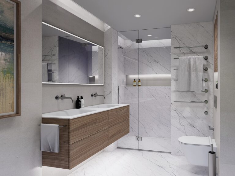 A 3D visual of a modern bathroom featuring elegant marble walls and luxurious gold trim accents.