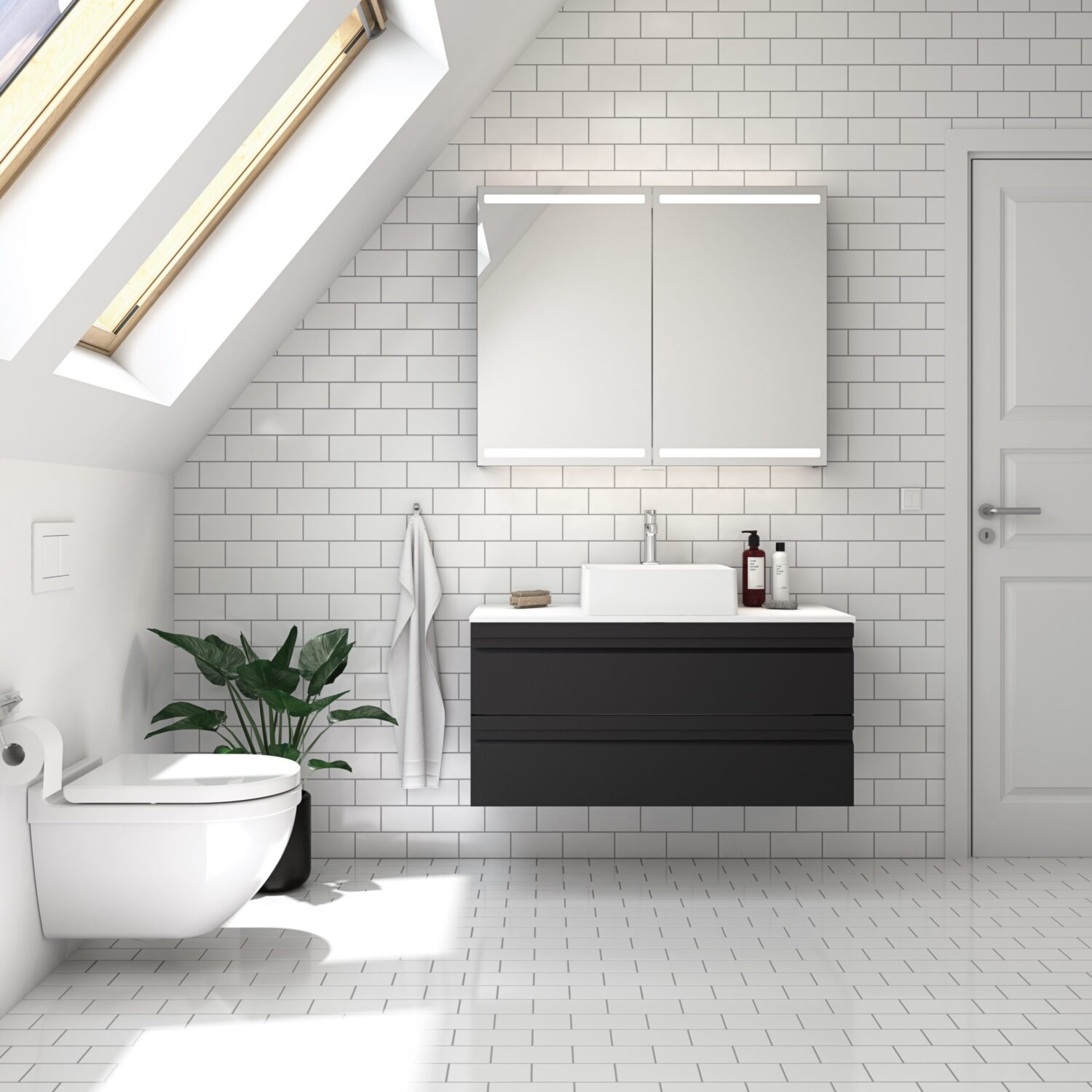 Modern bathroom with skylight, wall-mounted sink, and toilet. Tiled walls and floor, minimal decor with green plant. Bright and clean atmosphere.