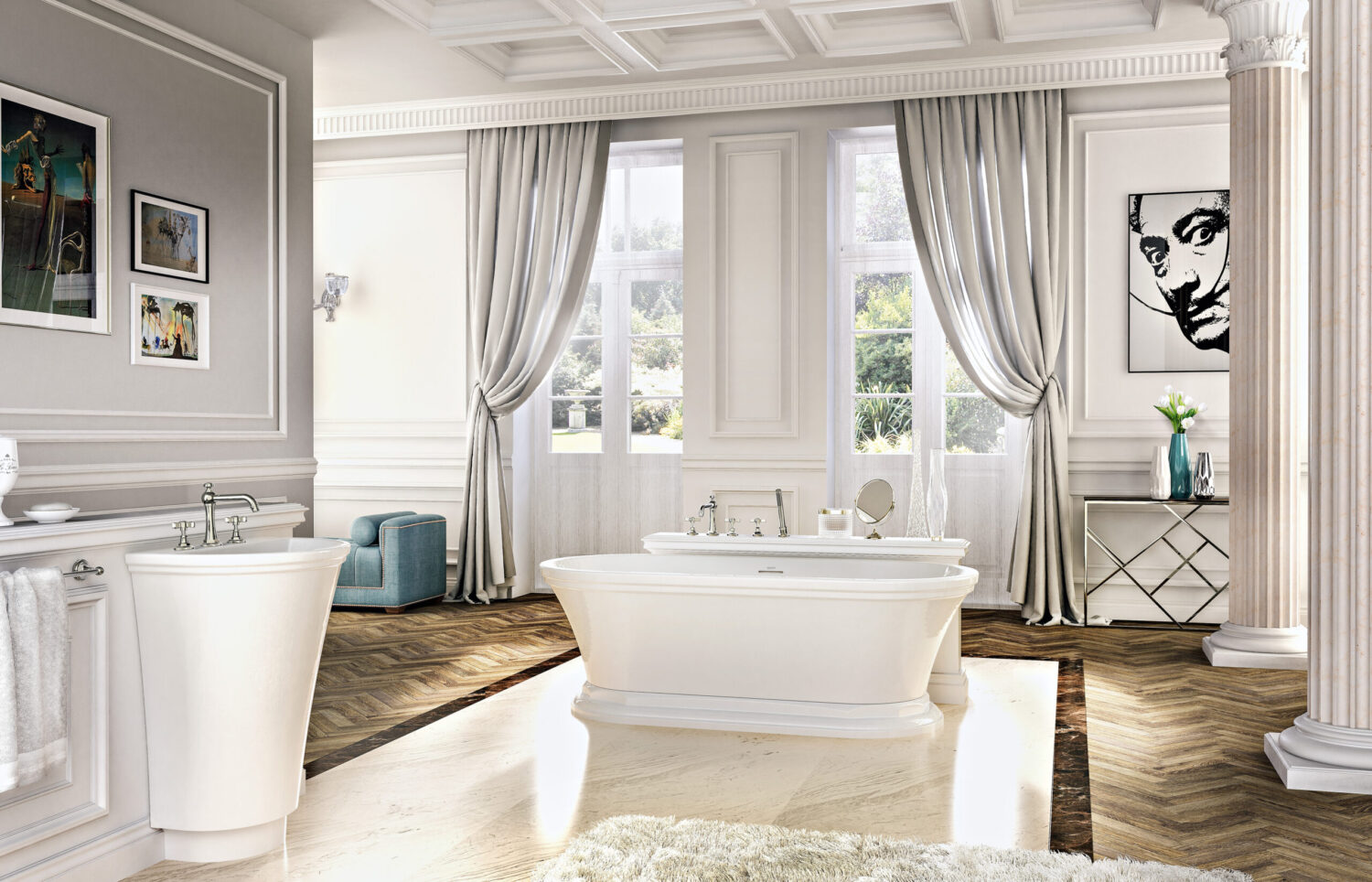 Elegant bathroom with freestanding bathtub, classic columns, and wall art. Large windows with curtains let in natural light, creating a luxurious atmosphere.