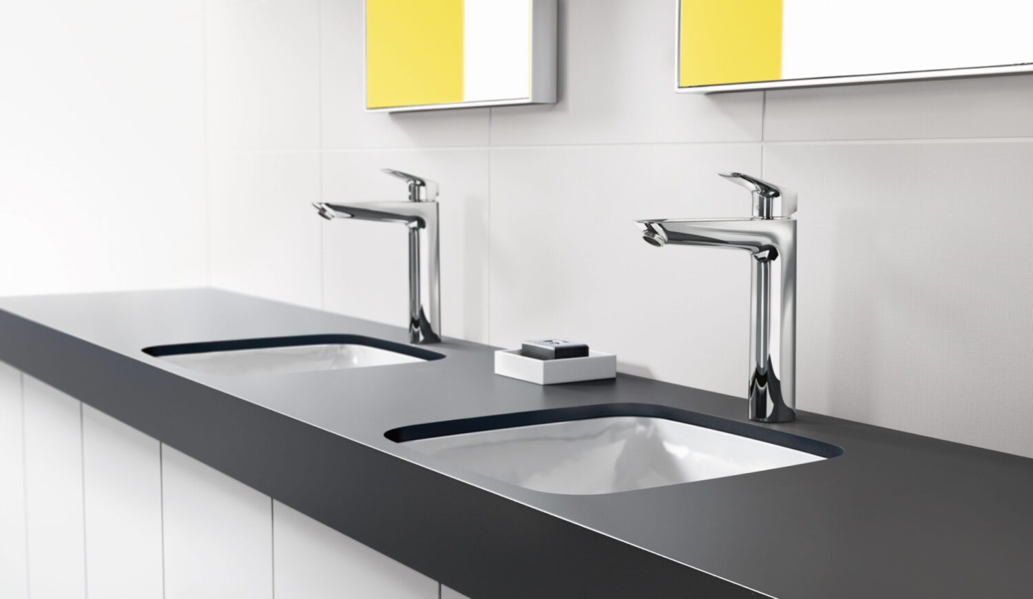 Modern bathroom features a sleek double sink with chrome faucets, white tiles, and mirrors with yellow accents, creating a clean, minimalist design.