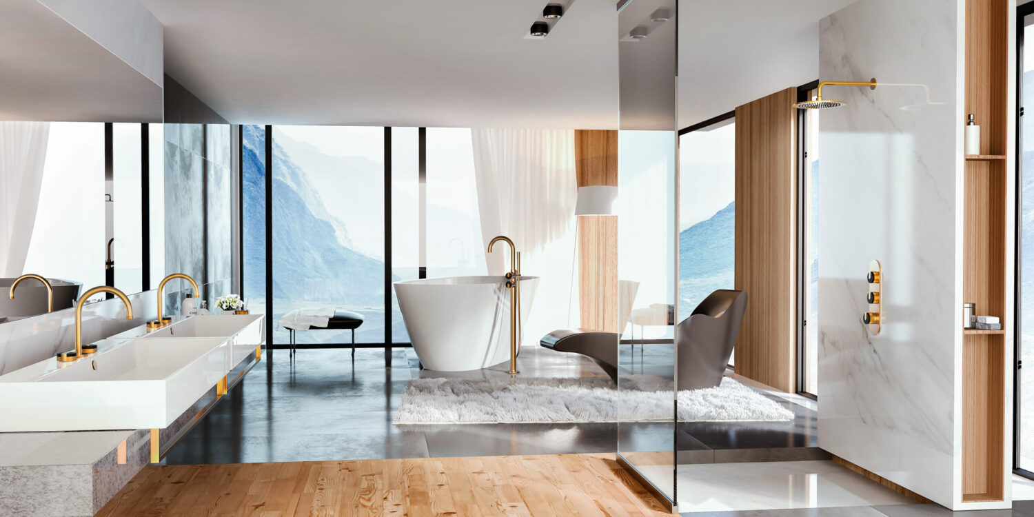 Luxurious modern bathroom with glass shower, freestanding tub, and dual sinks. Mountain views through large windows. Sleek design with wooden and marble elements.