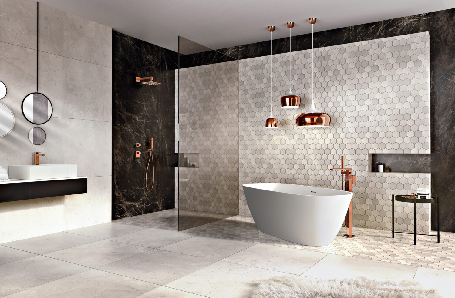 A modern bathroom with a freestanding tub, hexagonal tiles, copper fixtures, suspended mirrors, and pendant lights, creating a luxurious, minimalist aesthetic.