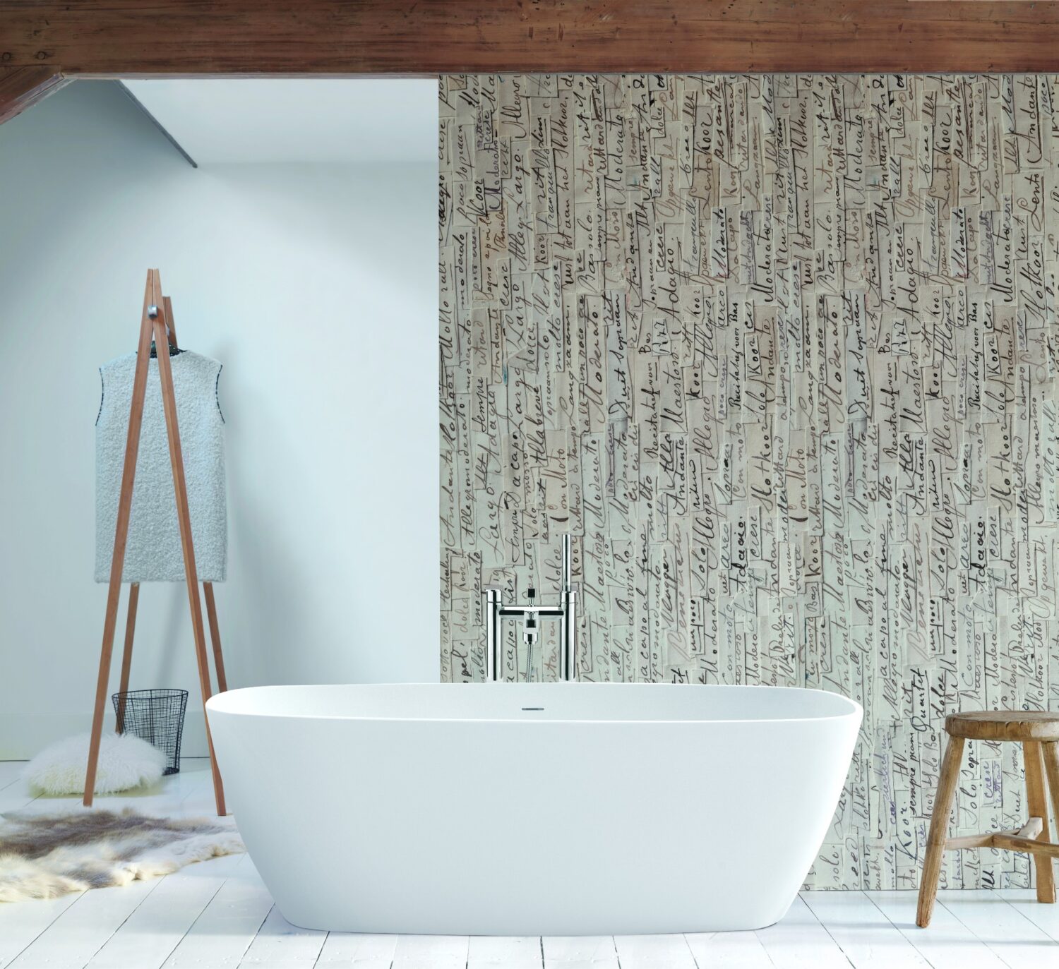 A modern bathroom featuring a freestanding bathtub, a wooden chair, textured wall art, and a dress on a stand, against a minimalist backdrop.