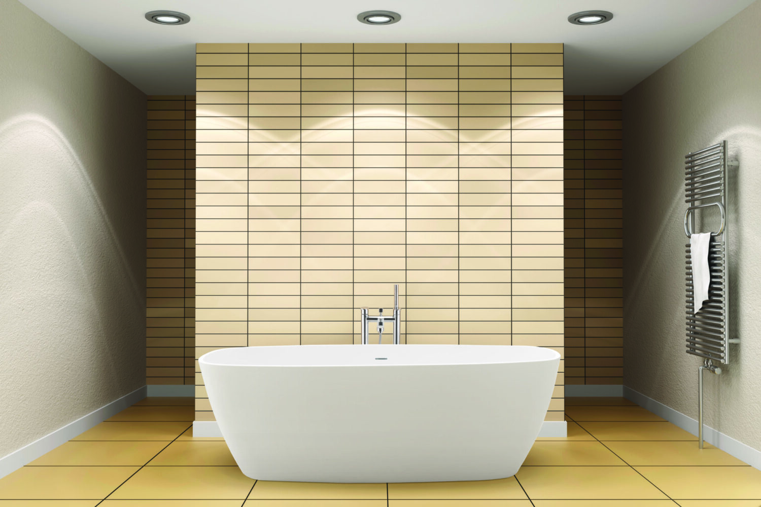 Modern bathroom with a freestanding bathtub, beige tiled wall, and towel rack. Recessed ceiling lights illuminate the minimalist design.