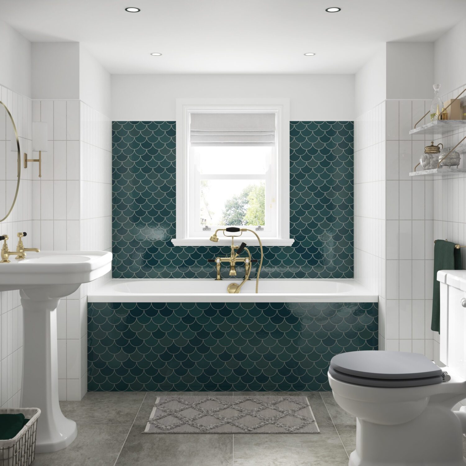 A bright bathroom with a pedestal sink, clawfoot bathtub, emerald fish scale tiles, gray floor, gold fixtures, and a window with outdoor view.