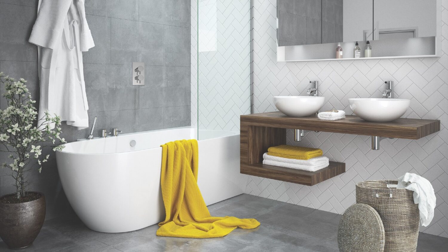 Modern bathroom with freestanding tub, wooden vanity, double sinks, and decorative plants. Features a yellow towel and herringbone-patterned white tiles.