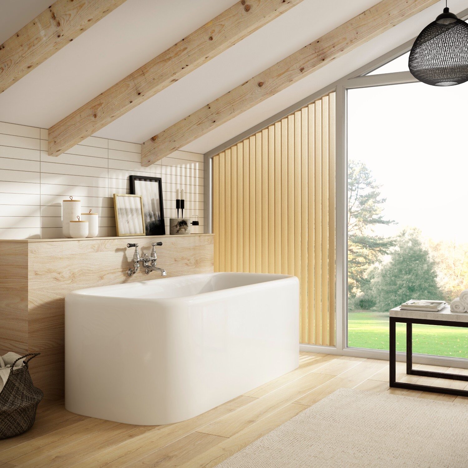 Modern bathroom with freestanding tub, wooden beams, and large window overlooking greenery. Minimalist decor includes candles and framed pictures on a shelf.