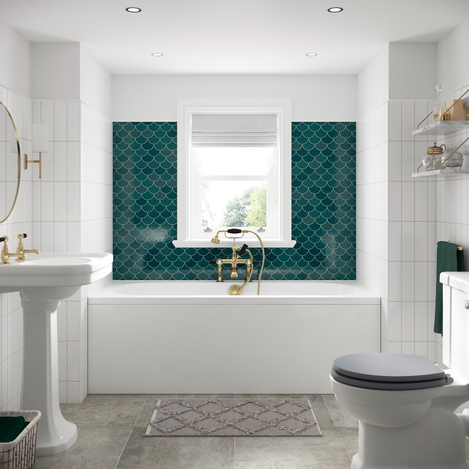 Modern bathroom features a white tub, teal fish-scale tiles, pedestal sink, and elegant brass fixtures. Neutral tones create a clean, sophisticated look.