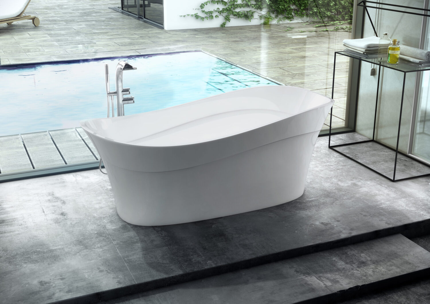 A modern bathroom features a sleek white bathtub near a large window overlooking a private outdoor pool with greenery and a minimalist design.