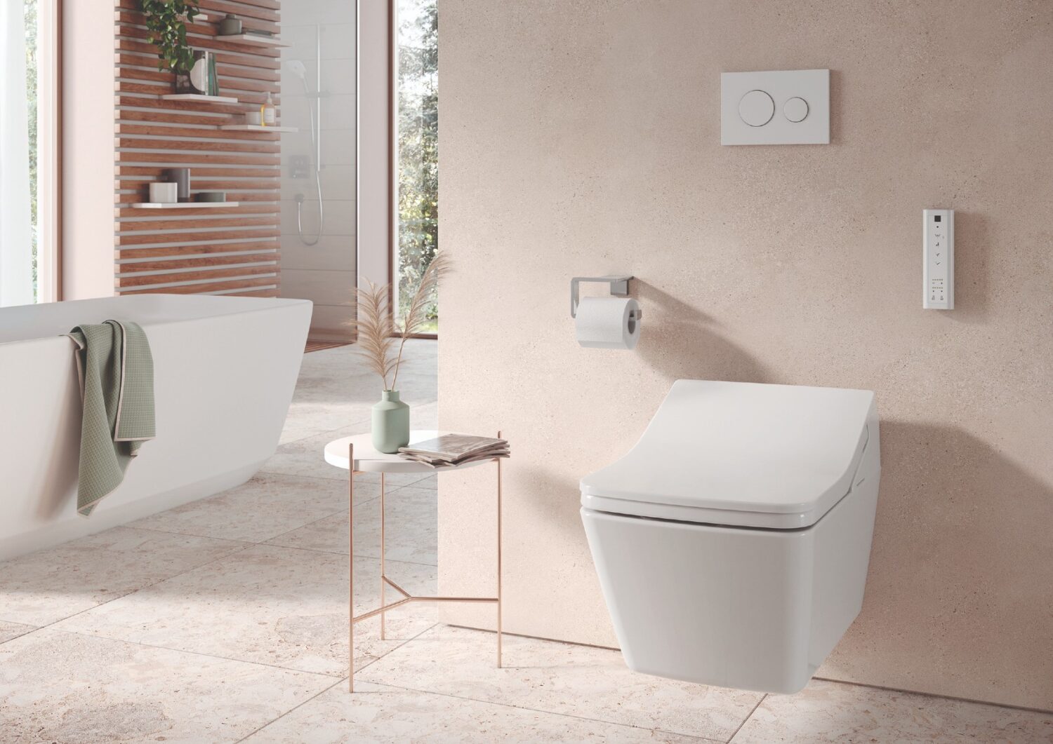 Modern bathroom with a wall-mounted toilet, freestanding bathtub, and minimalist decor. Features a small table with a vase and soft lighting.