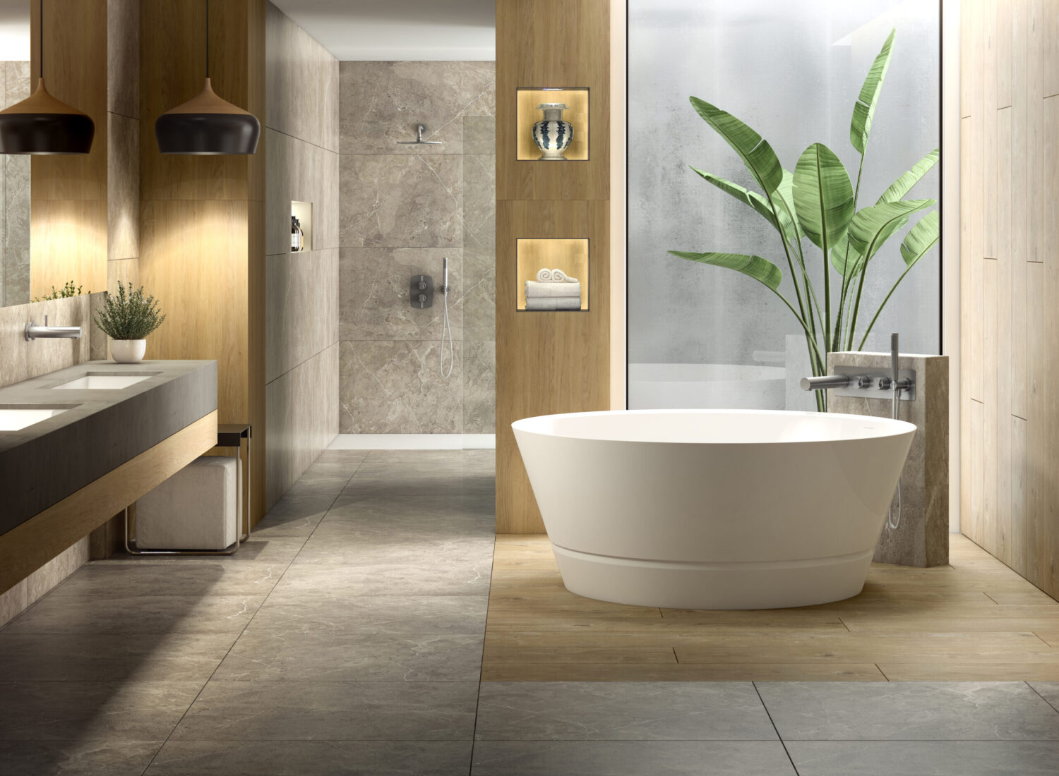 Modern bathroom with freestanding tub, large plant, stone shower, and wooden accents. Soft lighting creates a serene, spa-like atmosphere.